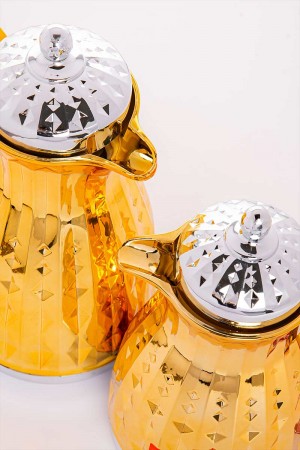 طقم 2 ترامس للقهوة و الشاي لون ذهبي و فضي حافظ للحرارة  بسعة 1.6 لتر