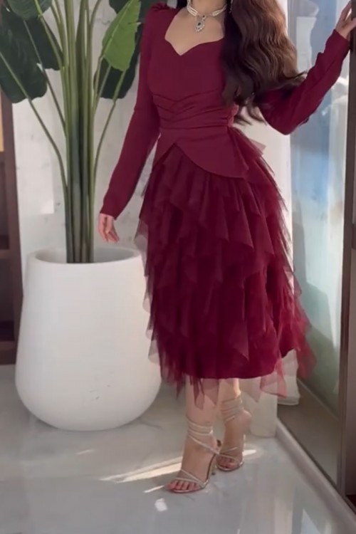 فستان نسائي ميدي لون عودي بأكمام طويلة و كسرات شيفون مبطن من الأسفل