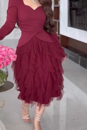 فستان نسائي ميدي لون عودي بأكمام طويلة و كسرات شيفون مبطن من الأسفل 