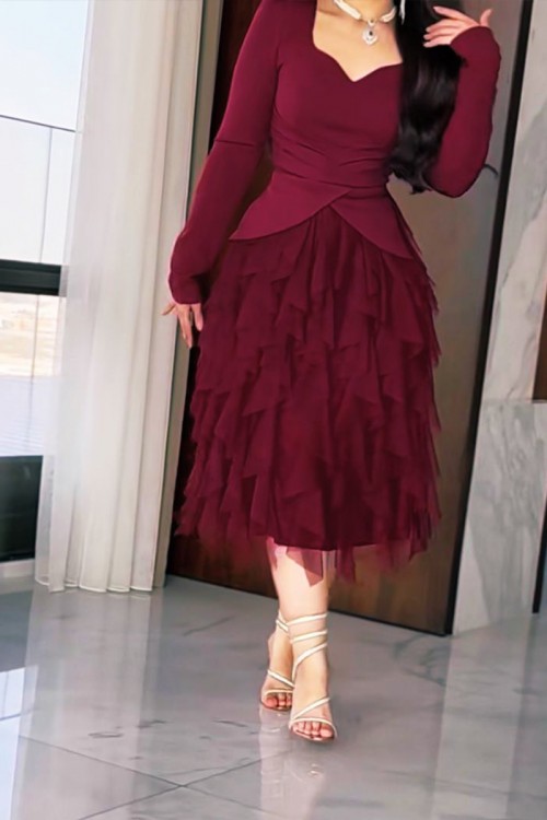 فستان نسائي ميدي لون عودي بأكمام طويلة و كسرات شيفون مبطن من الأسفل