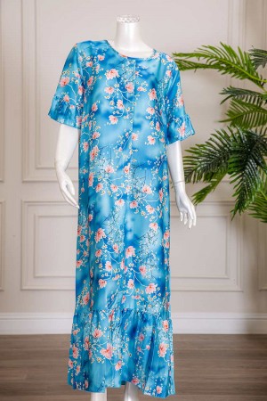 قميص نسائي طويل لون سماوي بياقة دائرية مشجر و بأزرار من الأمام ذو أكمام قصيرة