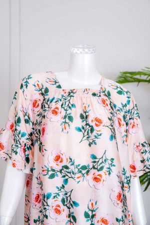 قميص نسائي ميدي لون خربزي مشجر بياقة مربعة ذو أكمام قصيرة