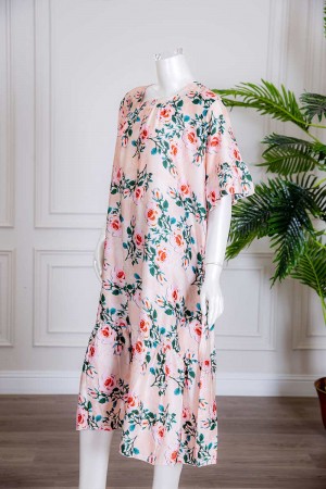 قميص نسائي ميدي لون خربزي مشجر بياقة مربعة ذو أكمام قصيرة