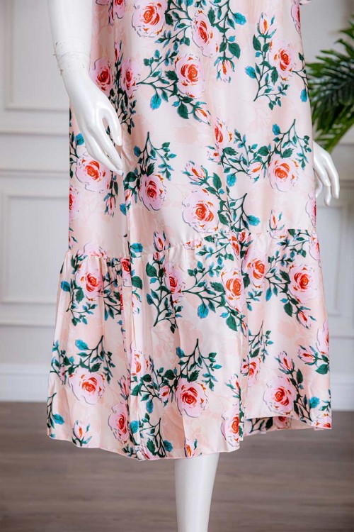 قميص نسائي ميدي لون خربزي مشجر بياقة مربعة ذو أكمام قصيرة