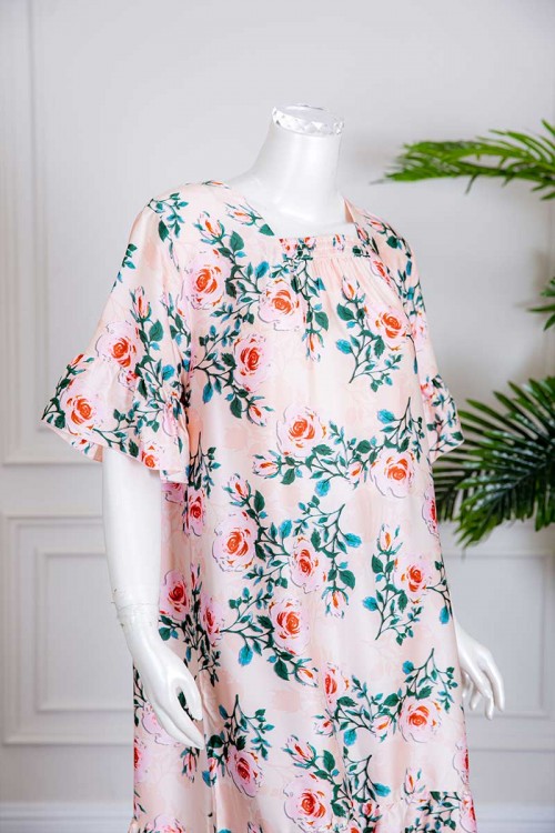 قميص نسائي ميدي لون خربزي مشجر بياقة مربعة ذو أكمام قصيرة