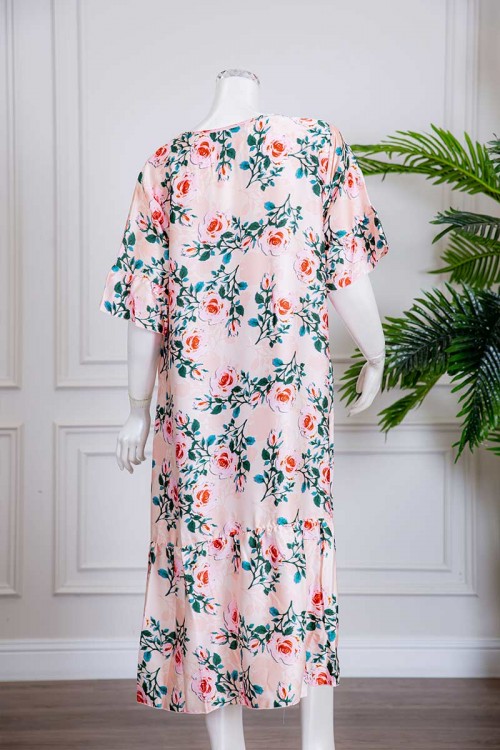 قميص نسائي ميدي لون خربزي مشجر بياقة مربعة ذو أكمام قصيرة