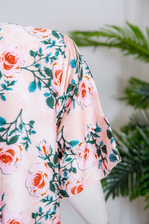 قميص نسائي ميدي لون خربزي مشجر بياقة مربعة ذو أكمام قصيرة