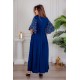 جلابية نسائية لون أزرق مزينة بتطريز ذهبي ذو أكمام ميدي و رباط على الخصر