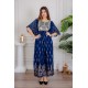 جلابية نسائية لون أزرق مزينة بتطريز ذهبي ذو أكمام ميدي و رباط على الخصر