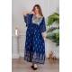 جلابية نسائية لون أزرق مزينة بتطريز ذهبي ذو أكمام ميدي و رباط على الخصر