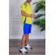 طقم رياضي رجالي قطعتين تيشيرت باللون الأصفر و الأزرق و شورت باللون الأزرق برباط في الخصر