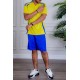 طقم رياضي رجالي قطعتين تيشيرت باللون الأصفر و الأزرق و شورت باللون الأزرق برباط في الخصر