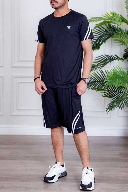طقم رياضي رجالي قطعتين تيشيرت و شورت باللون الأسود المخطط بالأبيض من الجانبين