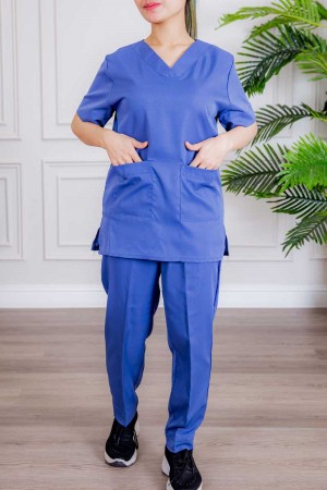 زي عاملة قطعتين متعددة الألوان بلوزة قصة سبعة بأكمام قصيرة و جيوب من الأمام و بنطلون طويل 