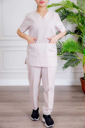 زي عاملة قطعتين متعددة الألوان بلوزة قصة سبعة بأكمام قصيرة و جيوب من الأمام و بنطلون طويل 