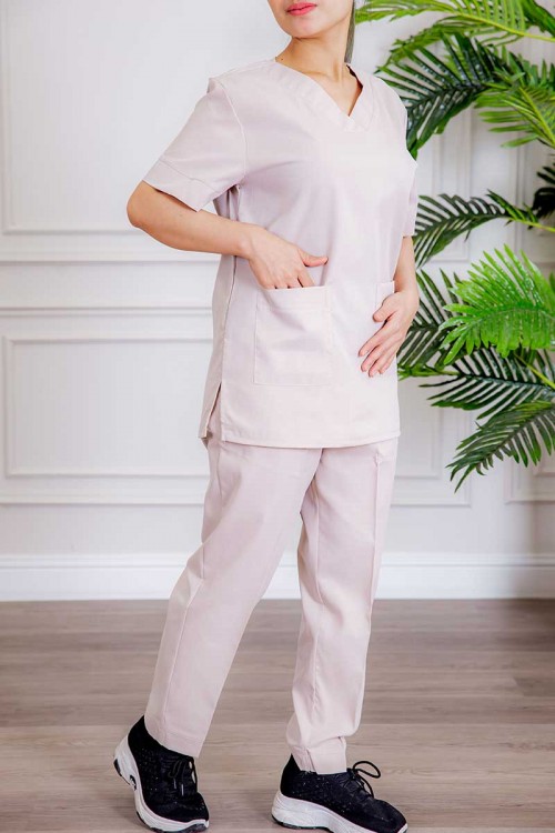 زي عاملة قطعتين متعددة الألوان بلوزة قصة سبعة بأكمام قصيرة و جيوب من الأمام و بنطلون طويل