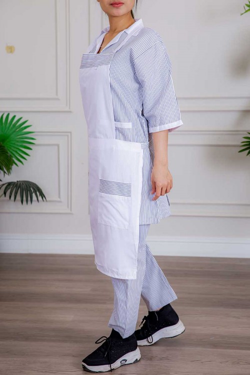 زي عاملة 3 قطع متعددة الألوان بلوزة طويلة بياقة مطوية و جيوب من الأمام ذو أكمام ميدي و بنطلون طويل و مريلة منفصلة