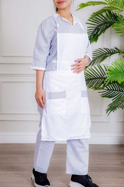 زي عاملة 3 قطع متعددة الألوان بلوزة طويلة بياقة مطوية و جيوب من الأمام ذو أكمام ميدي و بنطلون طويل و مريلة منفصلة