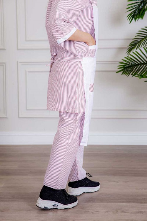 زي عاملة 3 قطع متعددة الألوان بلوزة طويلة بياقة مطوية و جيوب من الأمام ذو أكمام ميدي و بنطلون طويل و مريلة منفصلة