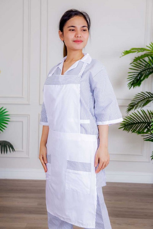 زي عاملة 3 قطع متعددة الألوان بلوزة طويلة بياقة مطوية و جيوب من الأمام ذو أكمام ميدي و بنطلون طويل و مريلة منفصلة