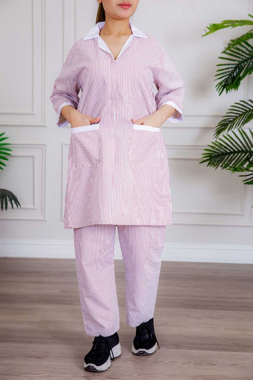 زي عاملة 3 قطع متعددة الألوان بلوزة طويلة بياقة مطوية و جيوب من الأمام ذو أكمام ميدي و بنطلون طويل و مريلة منفصلة