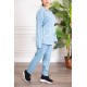 زي عاملة قطعتين لون سماوي بلوزة بياقة مطوية و أزرار و جيوب مزينة بفيونكة من الأمام  ذو أكمام طويلة و بنطلون طويل