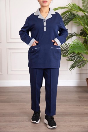 زي عاملة قطعتين متعددة الألوان بلوزة بياقة مطوية و جيوب و أزرار من الأمام ذو أكمام طويلة و بنطلون طويل 