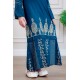 جلابية بناتي لون أزرق مزينة بتطريز بيج ذو أكمام طويلة