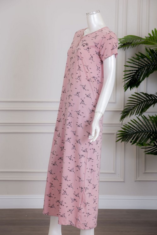 قميص نسائي لون وردي مشجر بياقة سبعة و أزرار من الأمام ذو أكمام قصيرة