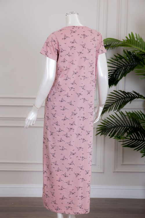 قميص نسائي لون وردي مشجر بياقة سبعة و أزرار من الأمام ذو أكمام قصيرة