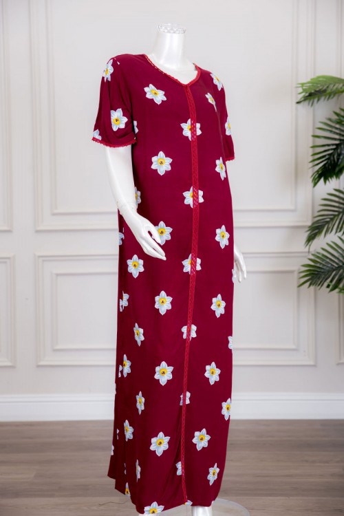 قميص نسائي مغربي طويل لون أحمر مزين بطبعات من الورود ذو أكمام قصيرة