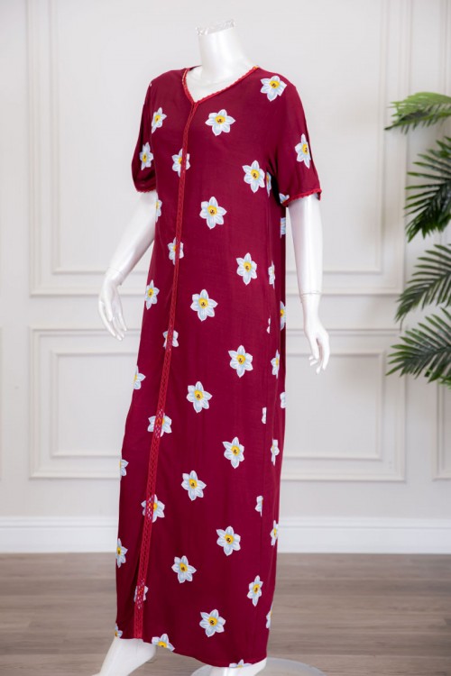 قميص نسائي مغربي طويل لون أحمر مزين بطبعات من الورود ذو أكمام قصيرة