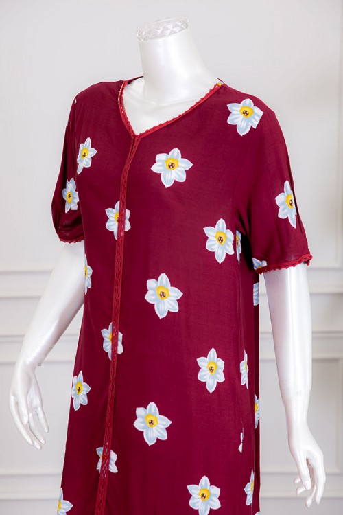 قميص نسائي مغربي طويل لون أحمر مزين بطبعات من الورود ذو أكمام قصيرة