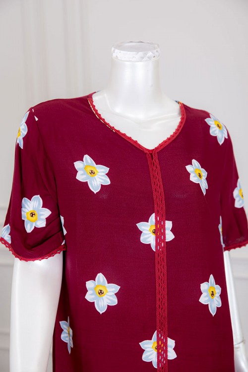 قميص نسائي مغربي طويل لون أحمر مزين بطبعات من الورود ذو أكمام قصيرة