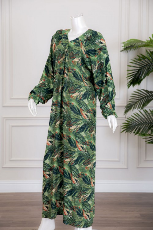 قميص نسائي جامبو طويل لون أخضر مشجر بياقة سبعة ذو أكمام طويلة بزم