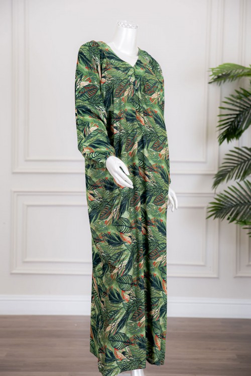 قميص نسائي جامبو طويل لون أخضر مشجر بياقة سبعة ذو أكمام طويلة بزم