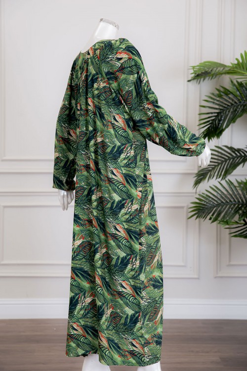 قميص نسائي جامبو طويل لون أخضر مشجر بياقة سبعة ذو أكمام طويلة بزم