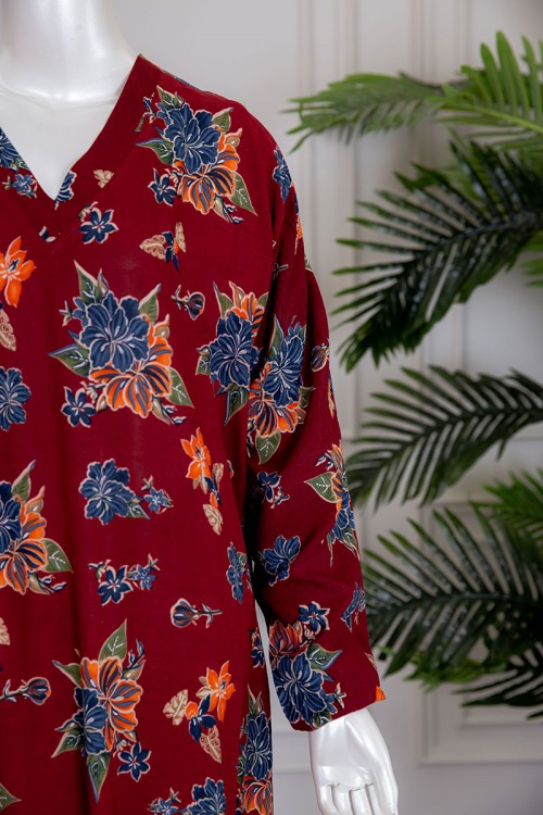 قميص نسائي جامبو طويل لون عودي مشجر بياقة سبعة ذو أكمام طويلة بزم