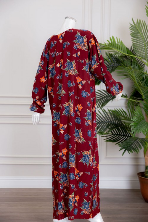 قميص نسائي جامبو طويل لون عودي مشجر بياقة سبعة ذو أكمام طويلة بزم