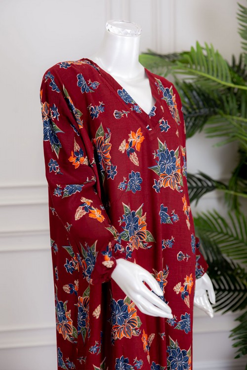 قميص نسائي جامبو طويل لون عودي مشجر بياقة سبعة ذو أكمام طويلة بزم