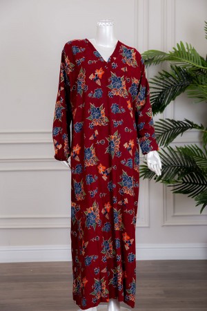 قميص نسائي جامبو طويل لون عودي مشجر بياقة سبعة ذو أكمام طويلة بزم