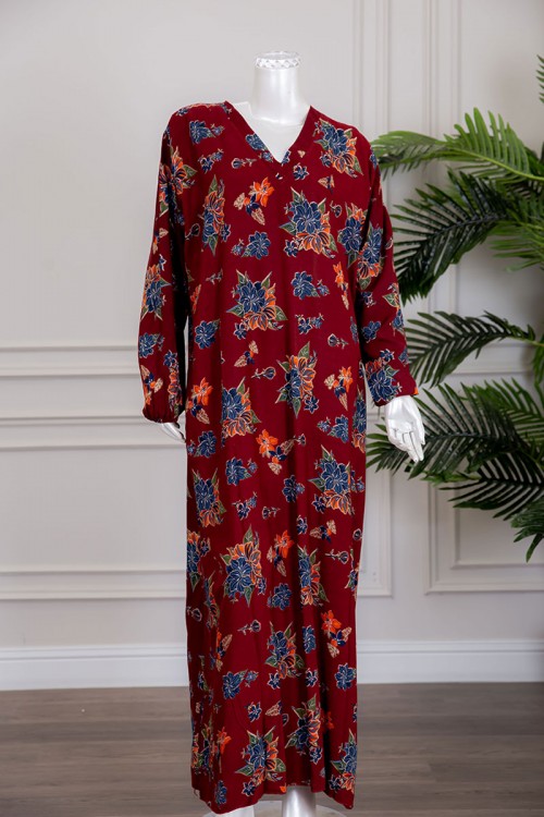 قميص نسائي جامبو طويل لون عودي مشجر بياقة سبعة ذو أكمام طويلة بزم