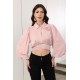 بلوزة نسائية لون وردي بياقة مطوية و أزرار و فوينكة من الأمام ذو أكمام فانوس