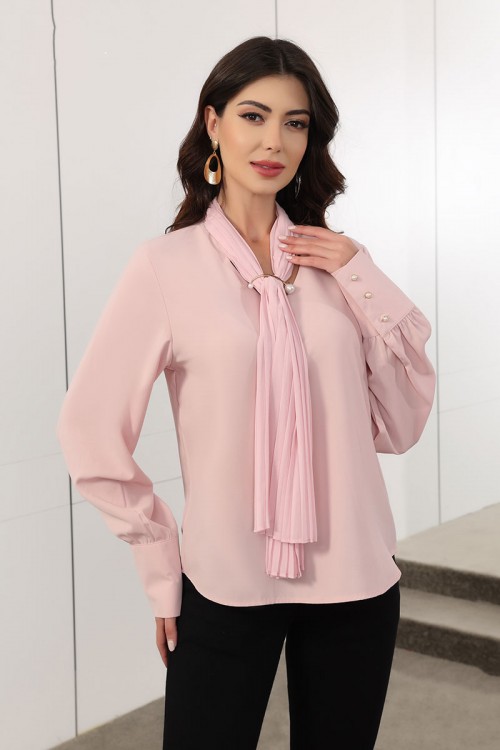 بلوزة نسائية لون وردي بربطة عنق و أكمام طويلة