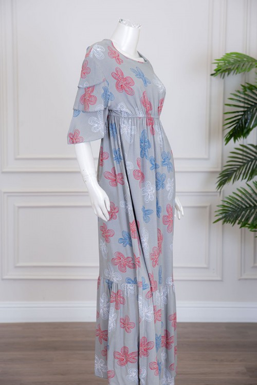 قميص نسائي طويل لون رصاصي مزين بورود ملونة بأكمام طبقات و زم من الخصر