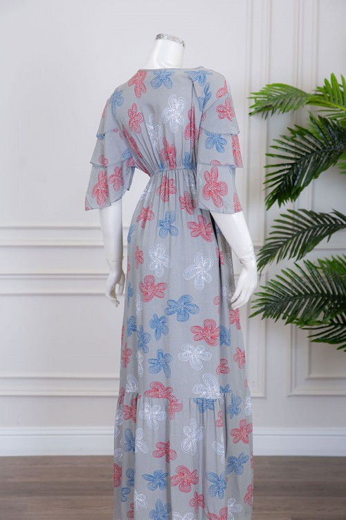 قميص نسائي طويل لون رصاصي مزين بورود ملونة بأكمام طبقات و زم من الخصر