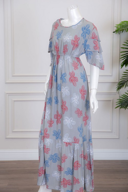 قميص نسائي طويل لون رصاصي مزين بورود ملونة بأكمام طبقات و زم من الخصر