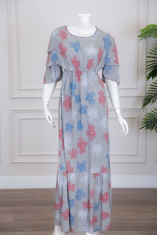 قميص نسائي طويل لون رصاصي مزين بورود ملونة بأكمام طبقات و زم من الخصر