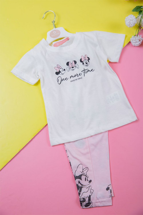 بيجامة بناتي قطعتين تيشيرت أبيض و بنطلون وردي طويل برسومات ميكي ماوس