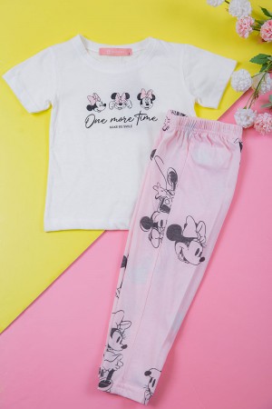 بيجامة بناتي قطعتين تيشيرت أبيض و بنطلون وردي طويل برسومات ميكي ماوس 
